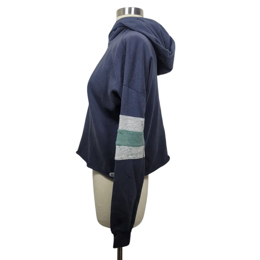 Abercrombie & Fitch Navy Blue Hoodie Sweatshirt XS Cropped Fit Striped Sleeve - Image 6