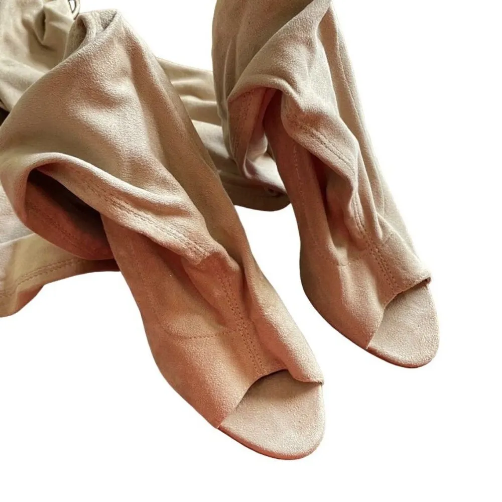 Open Toed Suede Knee Boots Heels Size 6.5 Beige brown u Womens So Me - Image 3