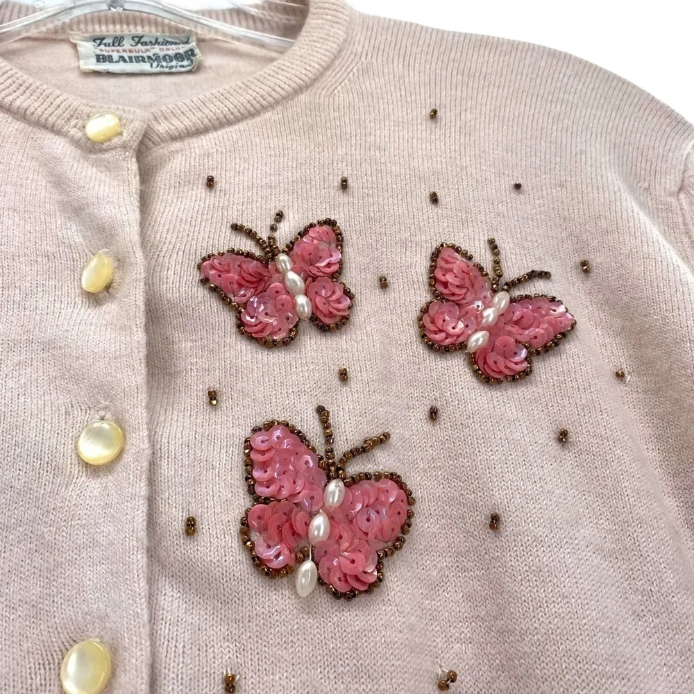 1950s Beaded Butterfly Pink Cardigan Sweater Vintage Blairmoor Original Orlon - Image 8