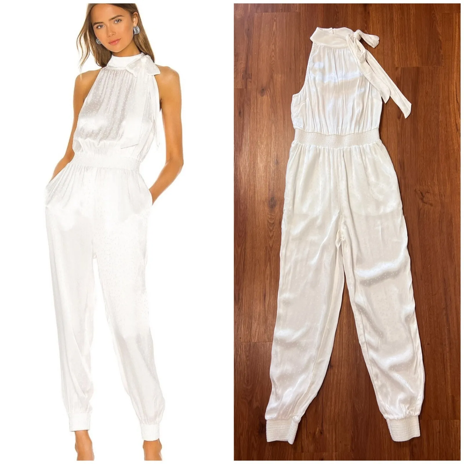 Cinq a Sept White Satin Halter Satin Jumpsuit Xs White Tie Neck Star Jacquard - Image 3