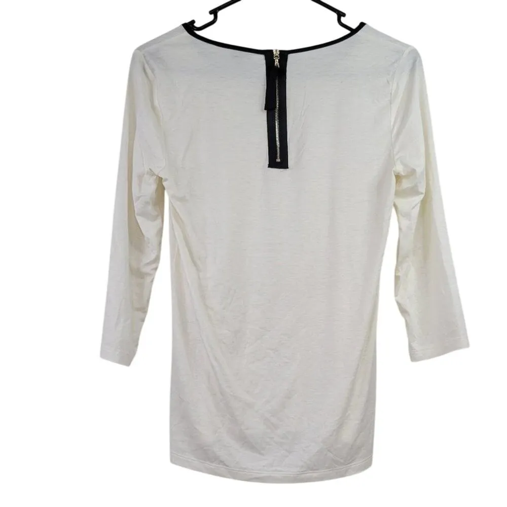 Ann Taylor XS White 3/4 Sleeve Tencel Blend Black Trim Stretch Zip Back Top - Image 3