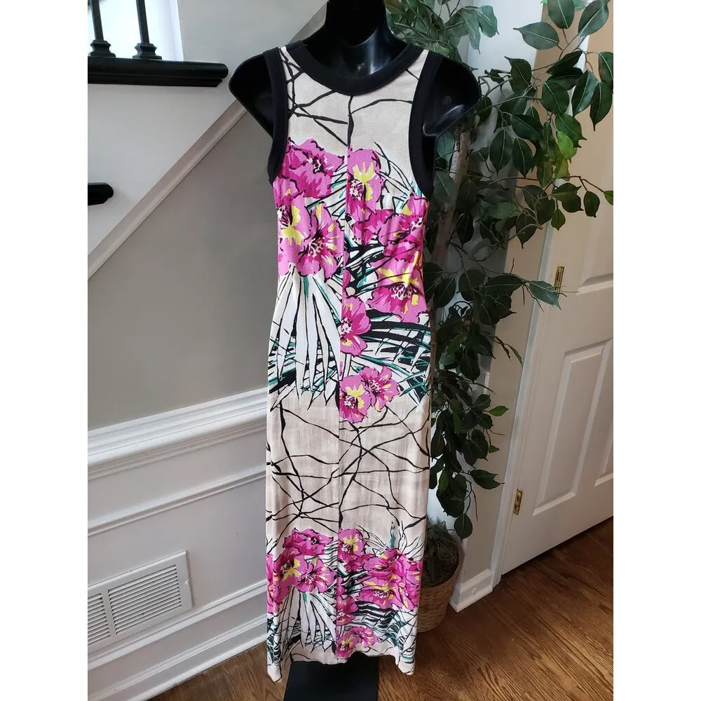 Karen Kane Long Maxi Dress Women's S Beige Pink Geometric Crew Neck Sleeveless - Image 3