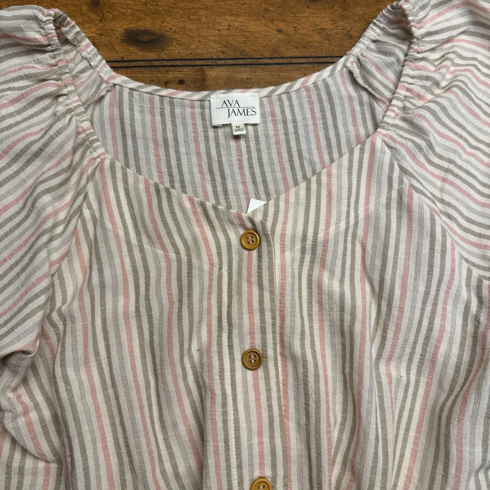 Ava James Top Medium Short Sleeve Seersucker‎ button front striped tie front - Image 2