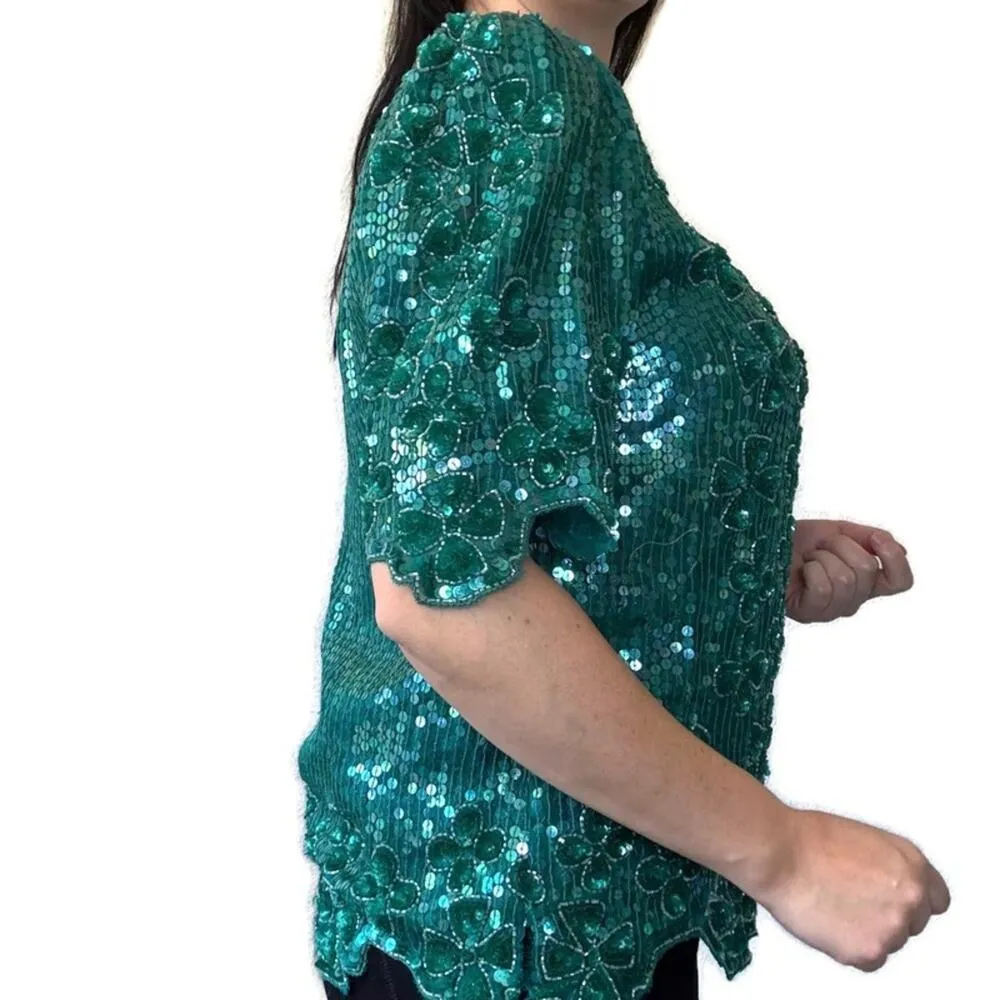 Scala Vintage Deadstock Green Sequin Silk Blouse Size Medium - Image 2