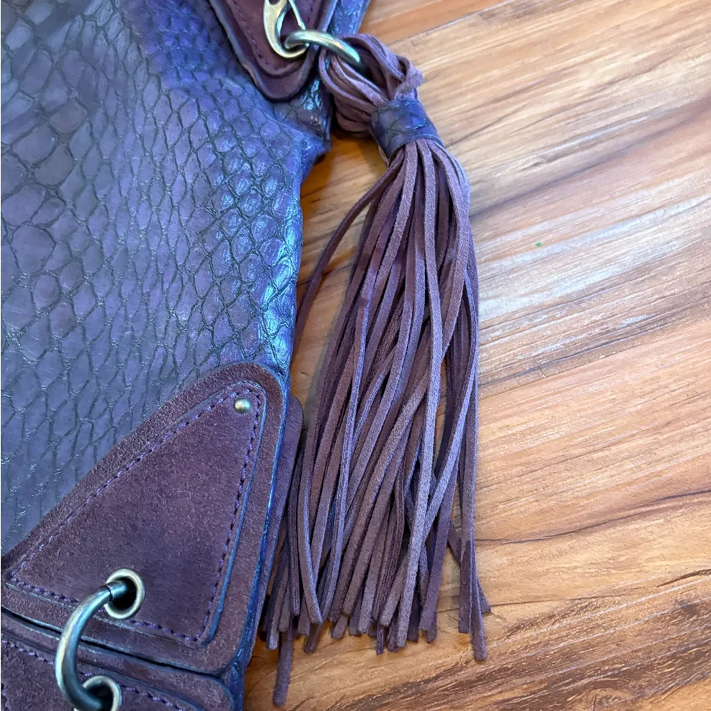 Y2K Boho Hobo Tote Snake Embossed Tassel Bag Purple Brown Jessica Simpson - Image 5