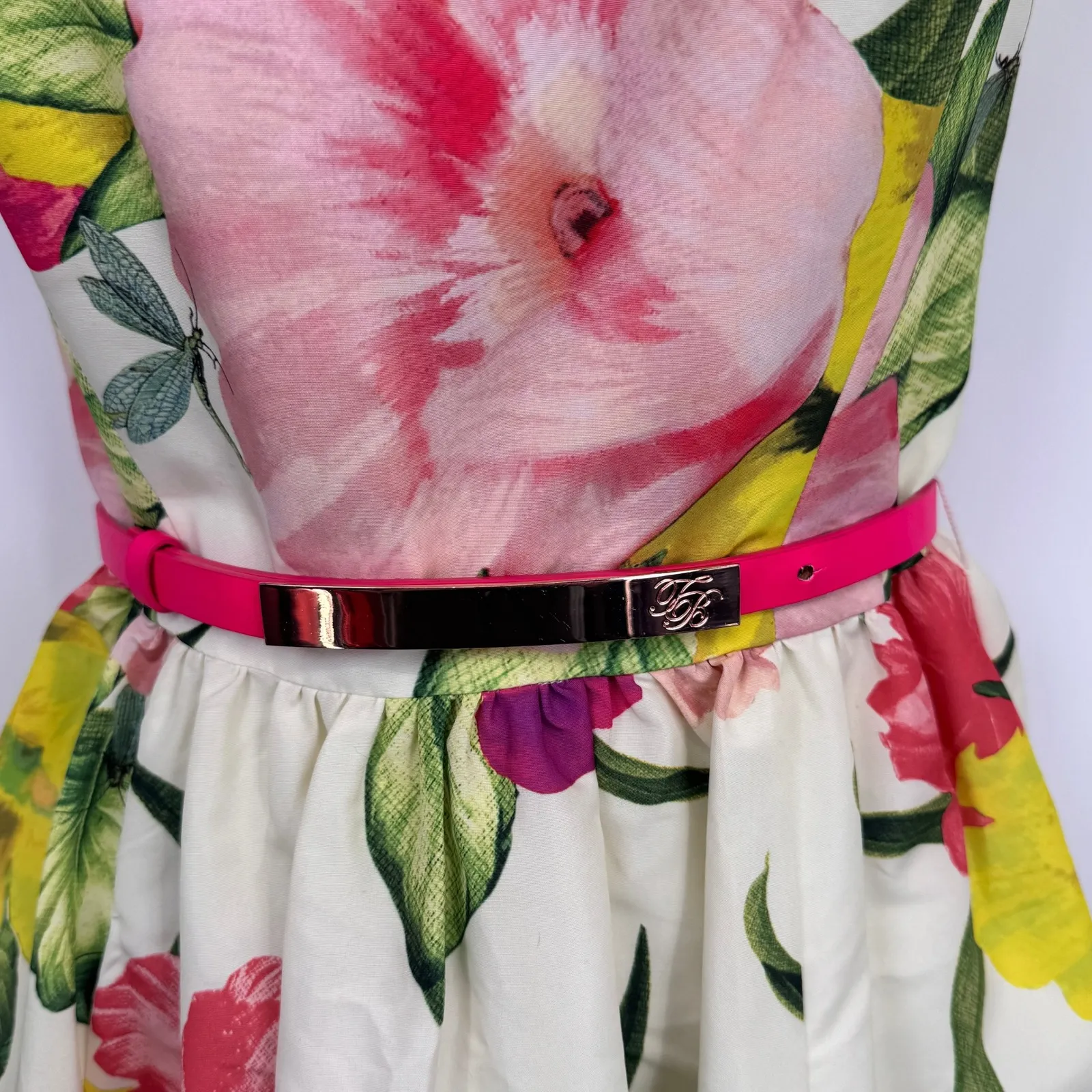 Ted Baker‎ Garden Party Formal Dress Womens 0 White Pink Floral Print Lined Belt - Image 3