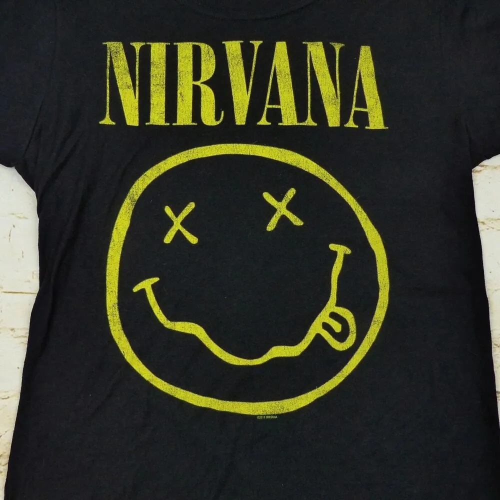 Y2K Nirvana Smiley Face T-Shirt Womens L Black 2013 Grunge Nevermind Tultex VTG - Image 2
