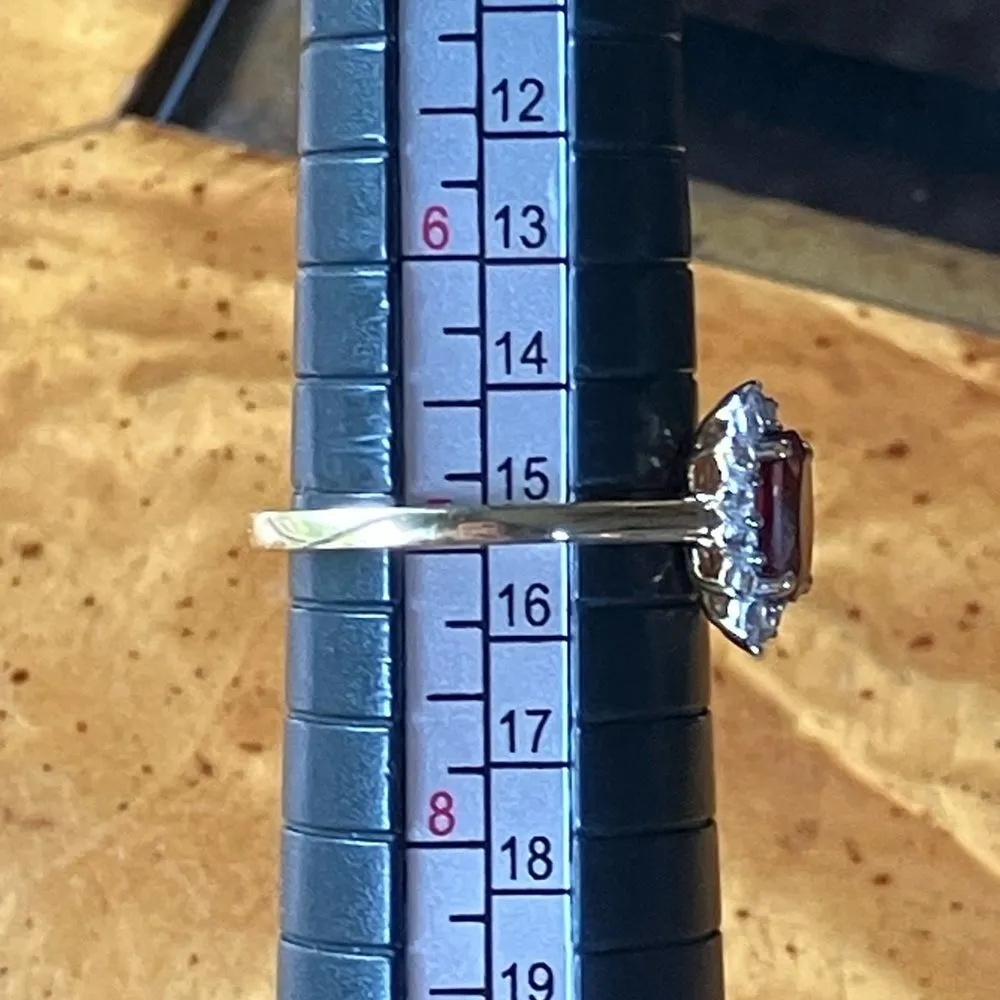 Natural Red Garnet Sterling Silver Halo Ring Size 7 Gold - Image 7