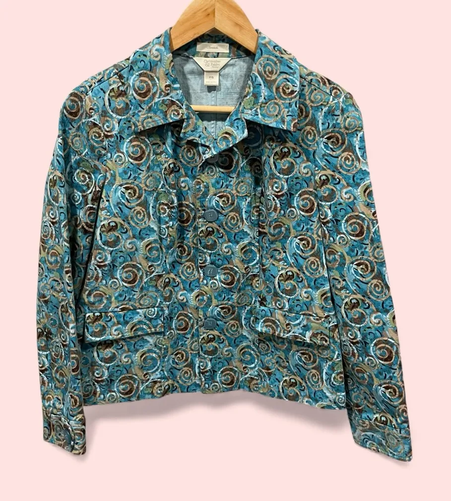 Cute aqua swirl cotton canvas jacket pockets chunky buttton front stretch - Image 1