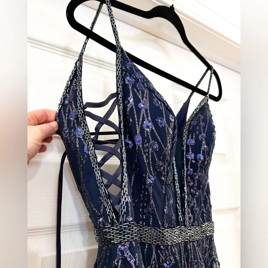 Ellie Wilde Mon Cheri Prom Dress Blue Lace up Sequin Style #EW119066 sz 0 - Image 6