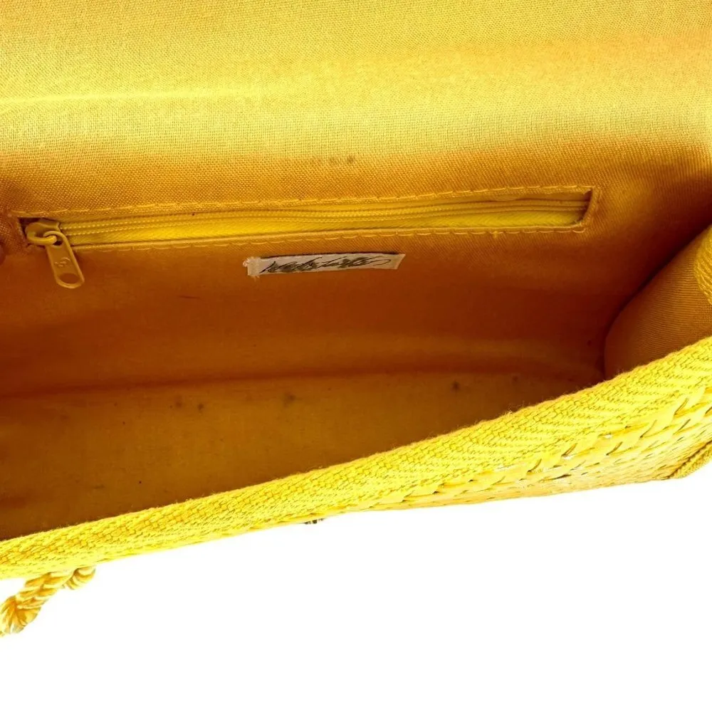 Vintage 90's Lord & Taylor Bright Yellow Woven Wicker Shoulder Bag Crossbody Y2K - Image 9