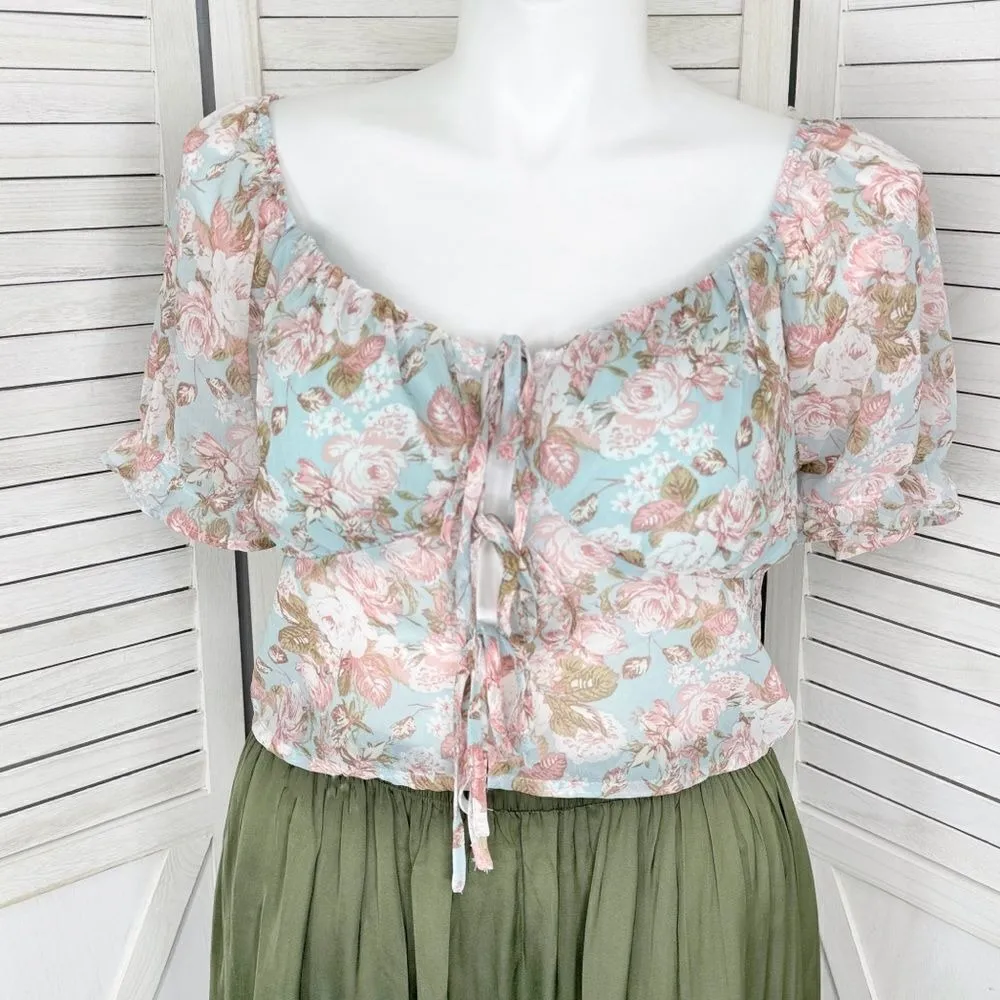 Active USA Sheer Floral Chiffon Tie Front Crop Blouse‎ Blue Pink 1XL Puff Sleeve - Image 2