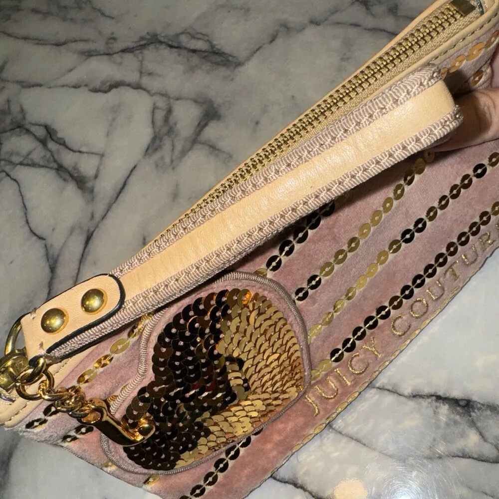 Y2K Juicy Couture Velvet Wristlet Handbag Wallet Pink Rose Gold Valentines Day - Image 5