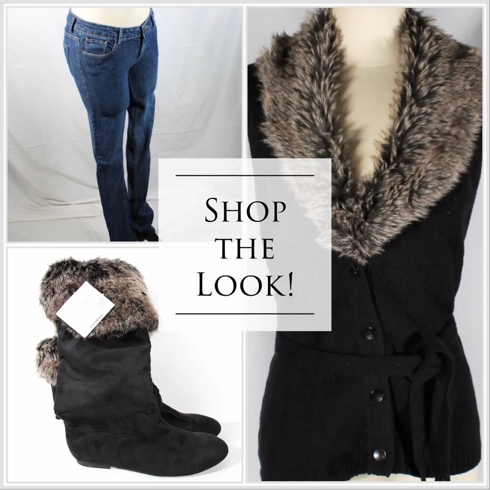 Y2K Black Knit Sweater Vest with Tan Faux Fur Detachable Collar Button with Tie - Image 7