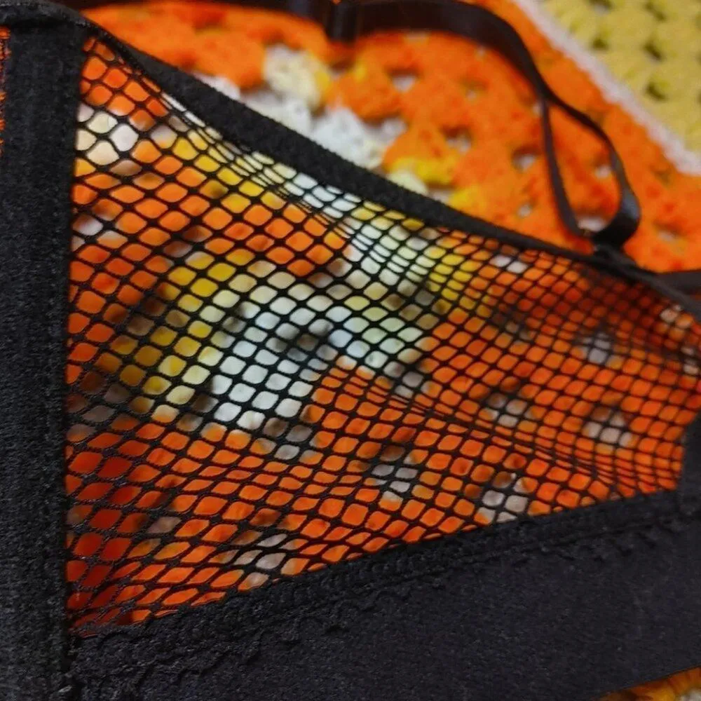 Bebe Intimates 34C Black Bra Gold Lace Goth Sexy Webbed Back Punk Knit Back - Image 11