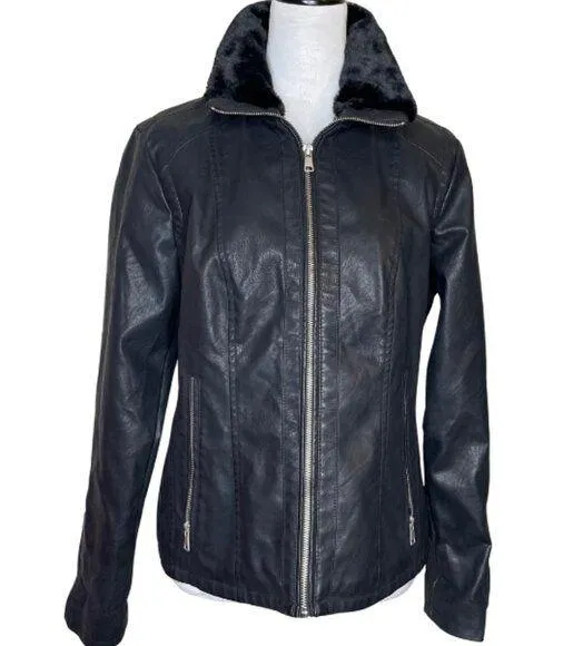 Women's Faux Leather Aviator Jacket Black Fur Collar Full Zip Size Large - Image 1