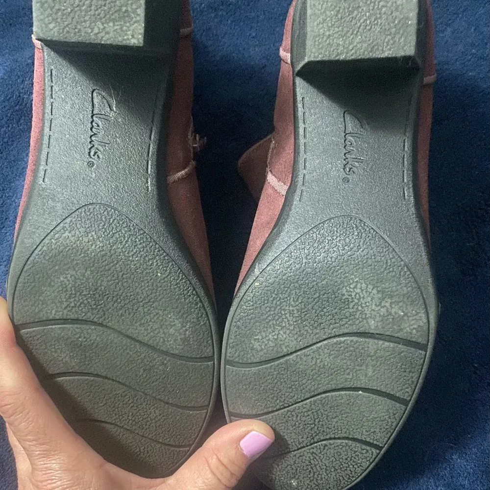 Clarks Burgandy Suede Giddy Up Boots with Buckles and Chunky Heel - Image 2