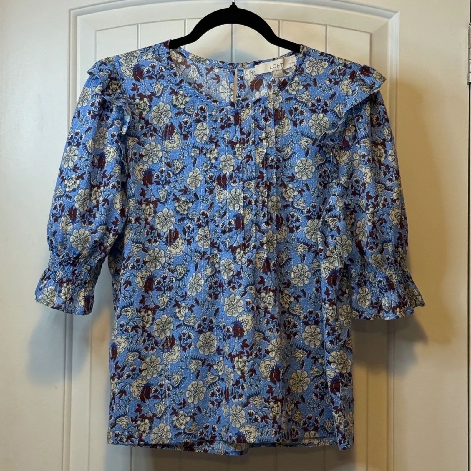 LOFT Petites Blue Floral Ruffle‎ Sleeve Pintuck Blouse Womens Workwear Trendy # - Image 2