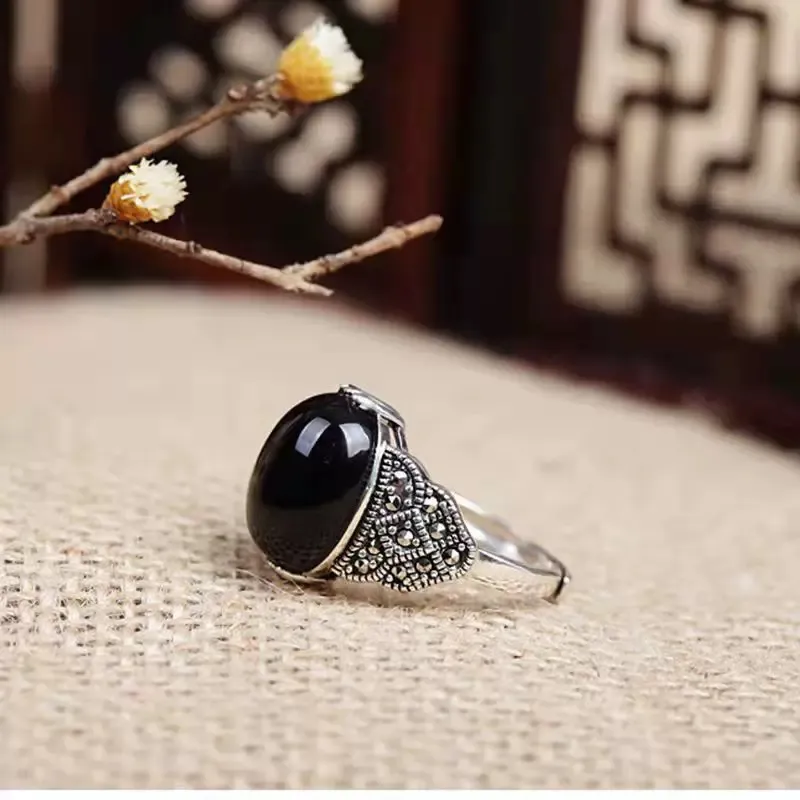 18K White Gold Plated Adjustable Black Agate Ring for Women - Image 3