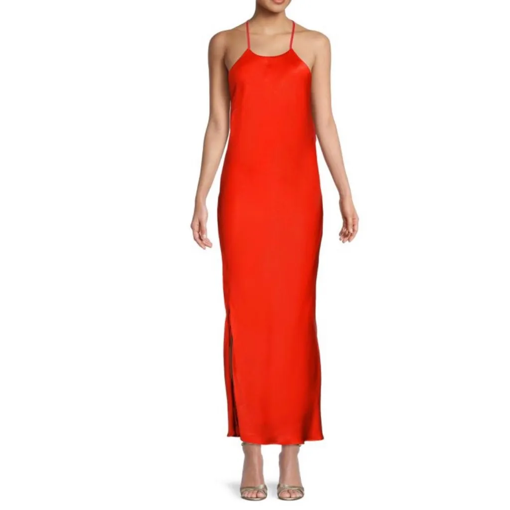 Bardot Mila High Jewel Neck Cowl Back Satin Slip Dress in Fire Red‎ Size 2 - Image 7