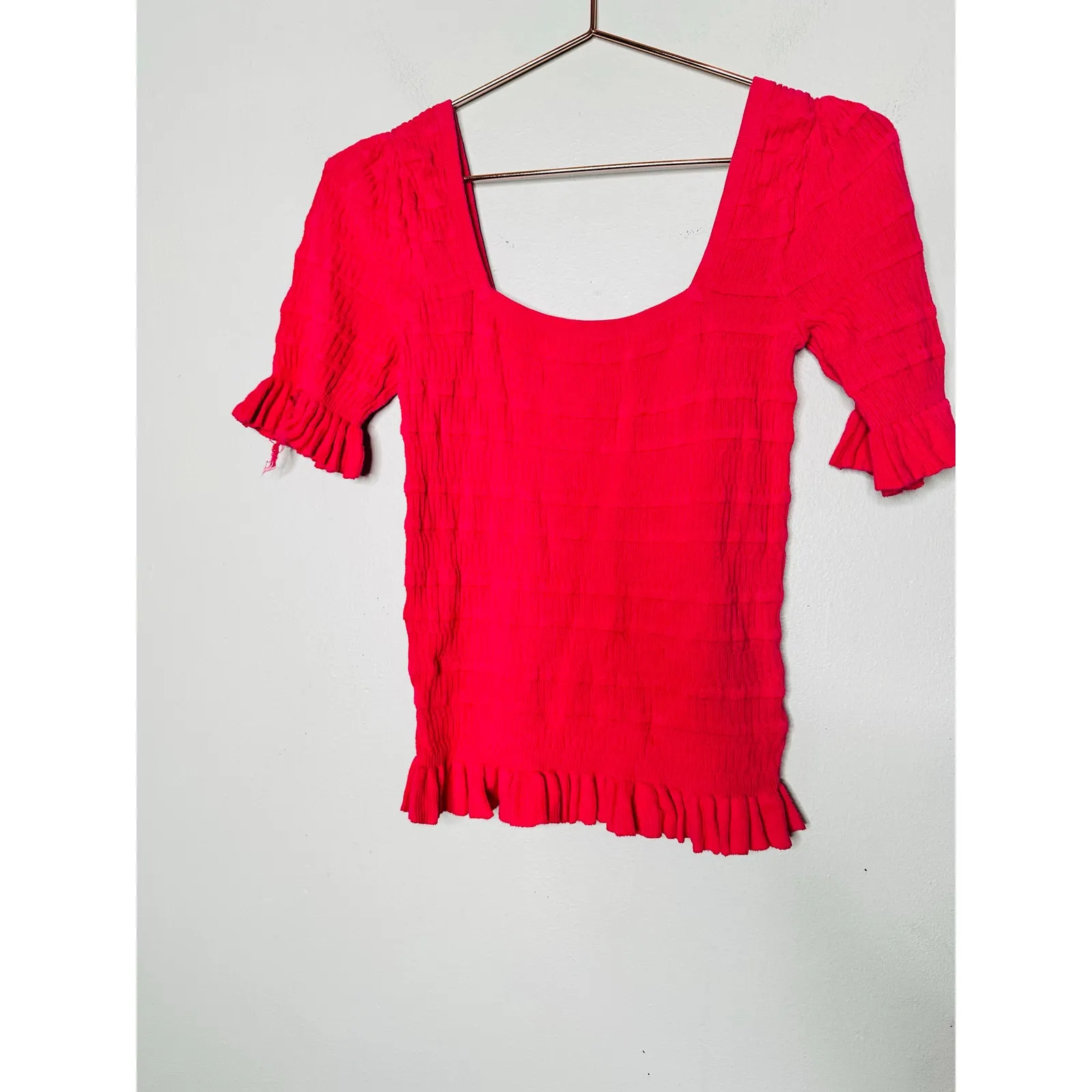 ADAM LIPPES x RTR Hot Pink Knit Square Neck Sweater Smocked Ruffle Top Size M Red Size M - Image 3