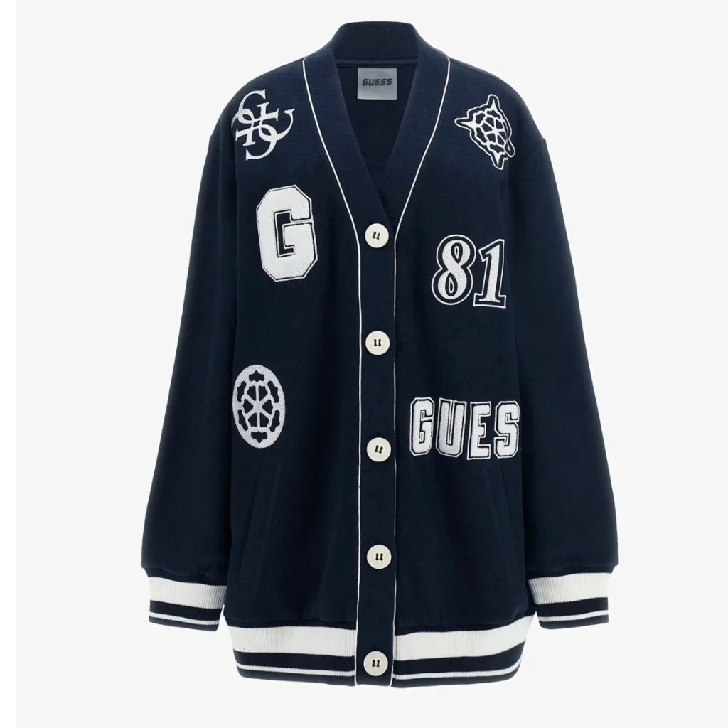 NWT GUESS Eco 81 Patch Varsity Cardigan Navy Blue Oversized Patches Y2K XL - Image 7
