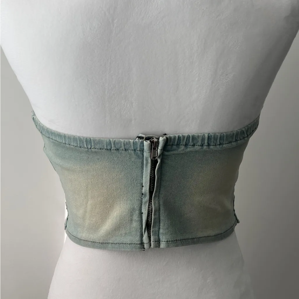 SHEIN Green Strapless Denim Crop Top - Image 7