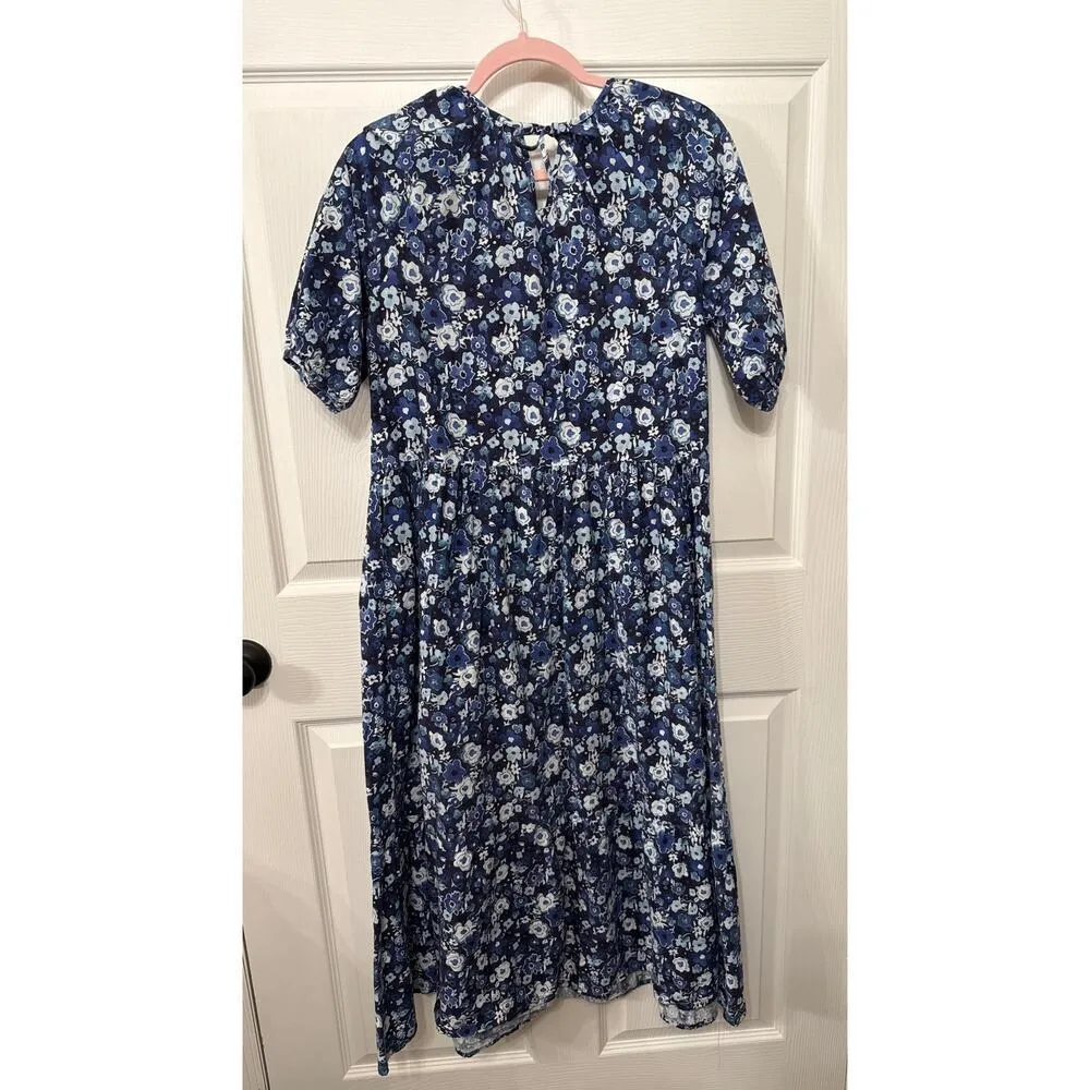 Lacausa Cottagecore Cass Dress Sapphire Watercolor Floral Crinkled Cotton,XS - Image 8