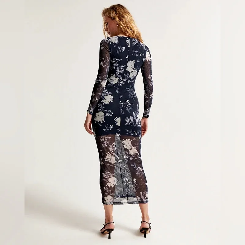 NWOT  Abercrombie & Fitch Long-Sleeve Mesh Midi Dress Navy Floral Medium - Image 4