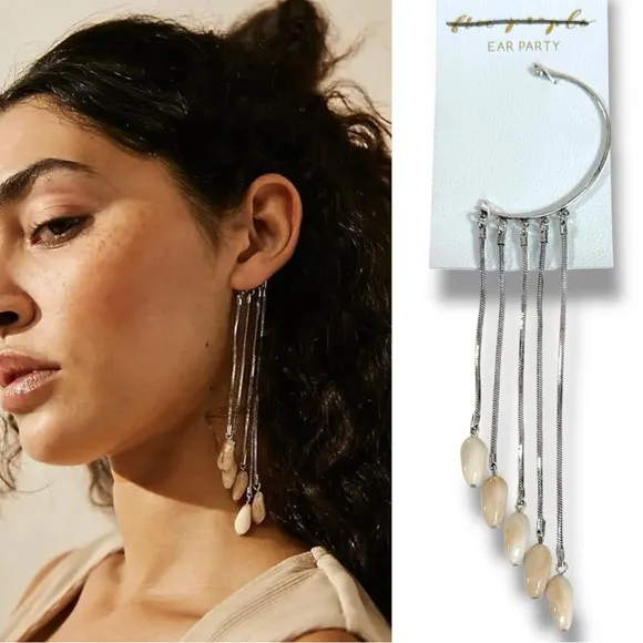 Free People Day By Day Ear Cuff Party Dangle Fringe Shells Bohemian Beach Silver - Image 2