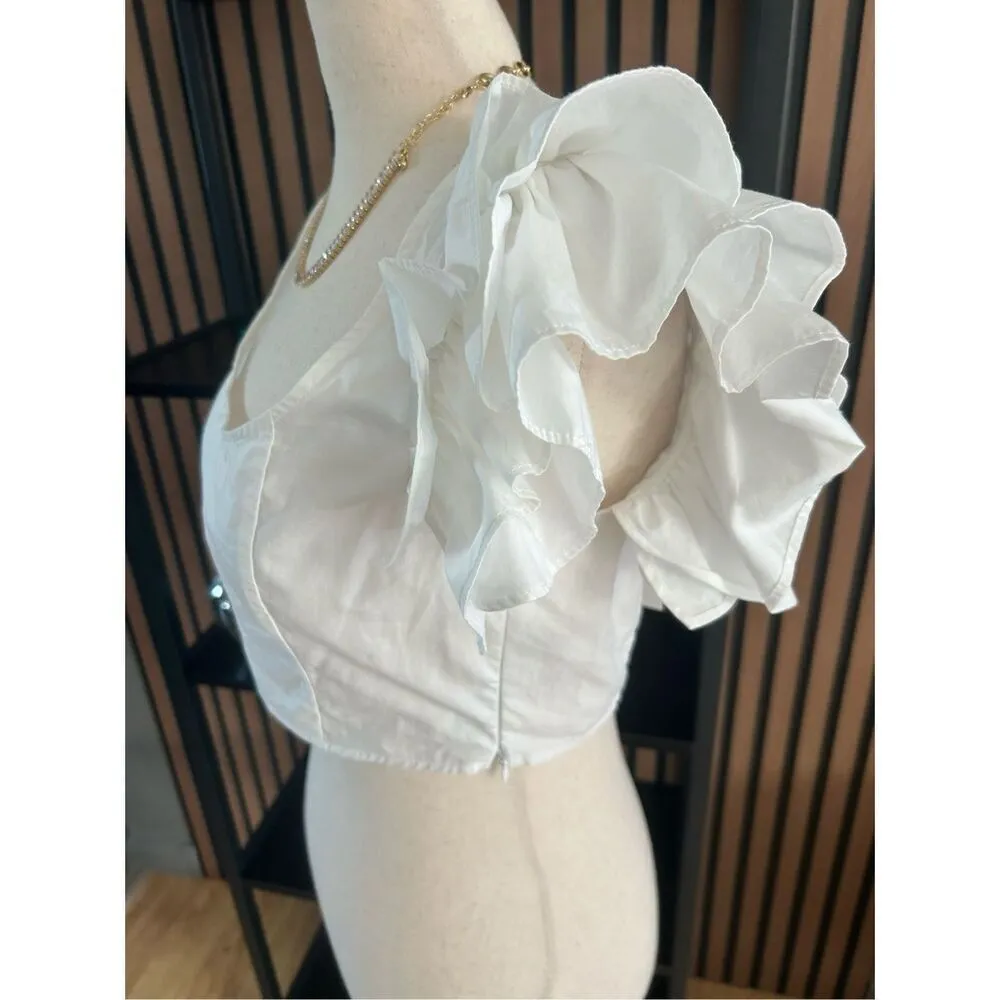 ZARA Poplin Puff Sleeve Button Crop Top white size medium - Image 3