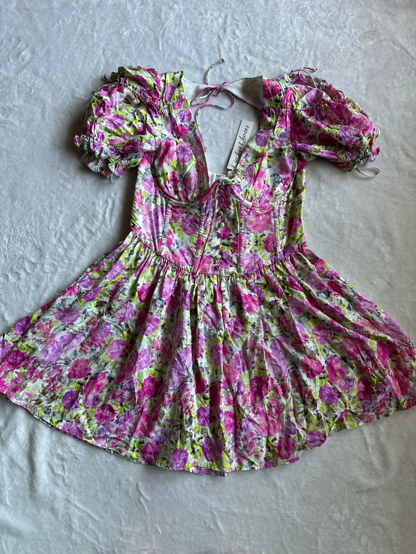 For Love & Lemons Paulina Puff Sleeve Mini Dress in Pink - Image 2