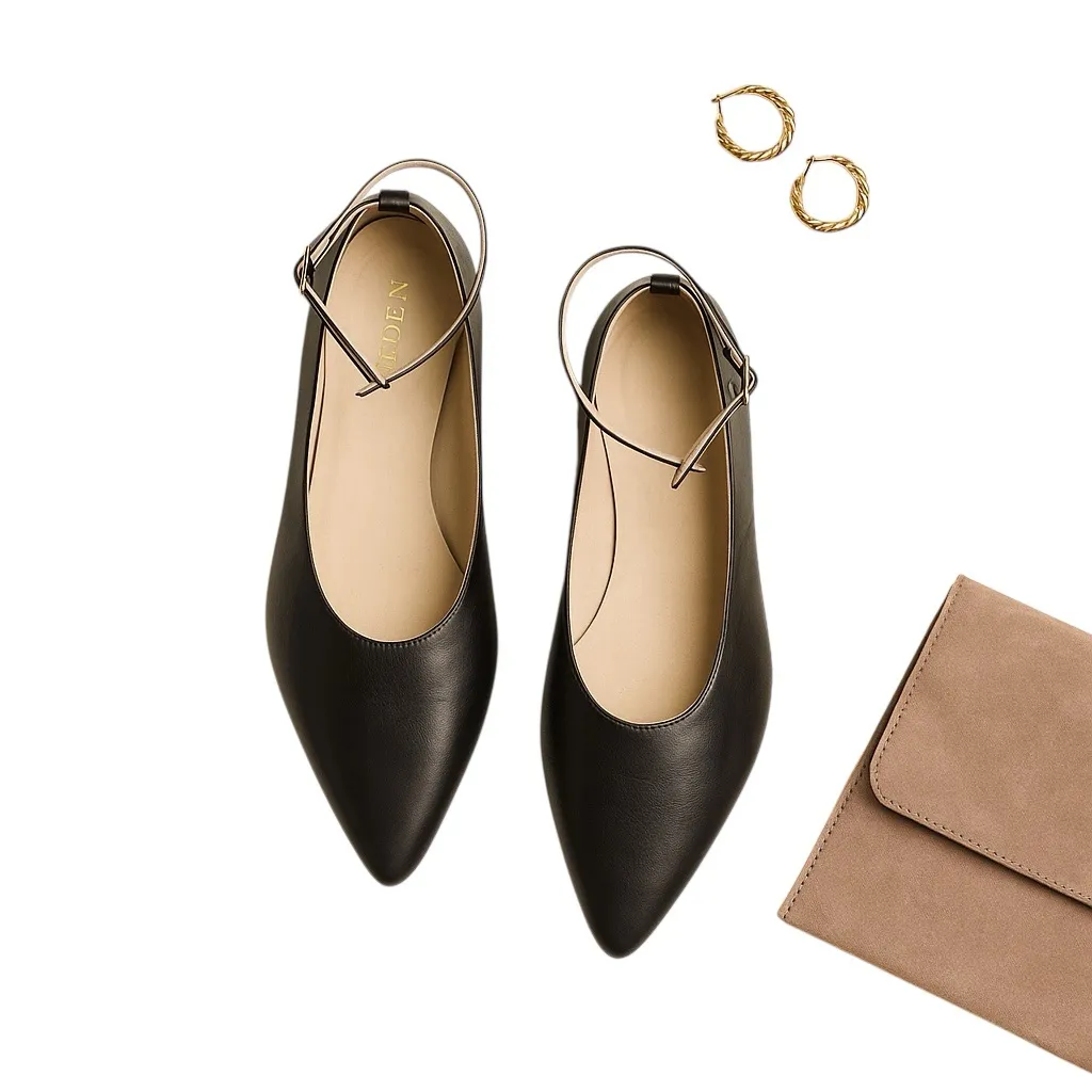 REDEN Black Leather Ballet Flats Ankle Strap 39.5 Minimalist Designer Comfort Size 8.5 - Image 2