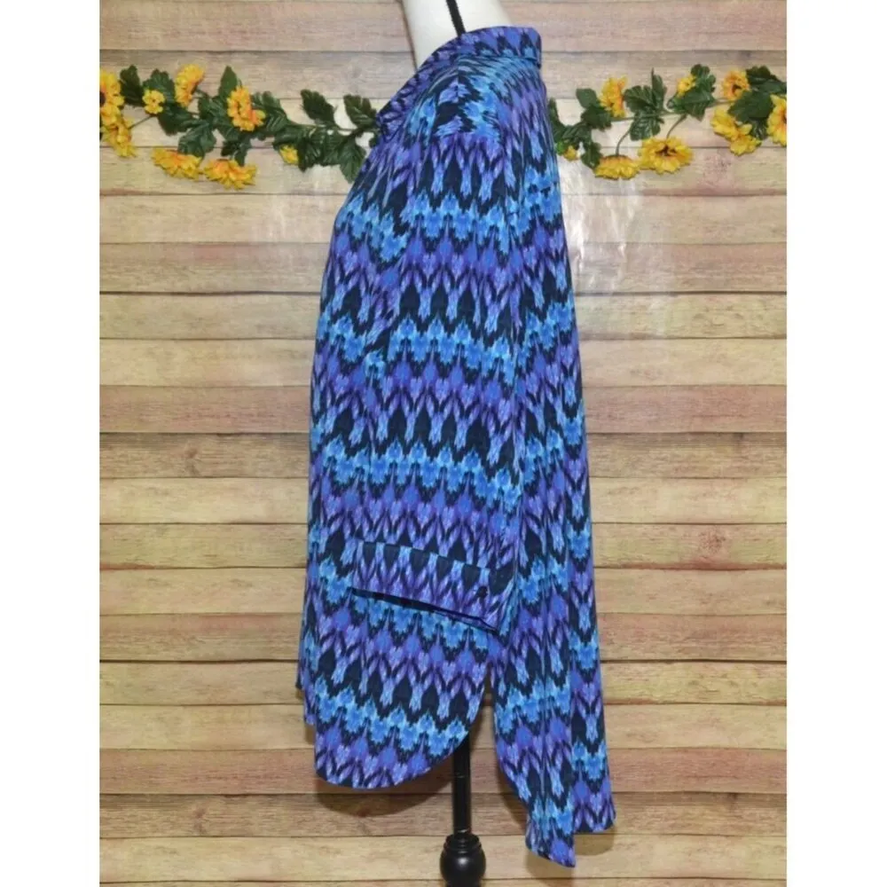 Catherines Plus 3X 26W 28W Half Button 3/4 Sleeve Blouse Top Purple Blue Print - Image 4