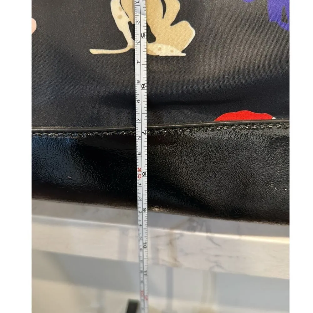 KATE SPADE black floral poppy print nylon patent leather satchel tote bow accent - Image 14