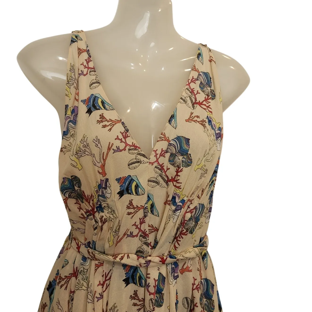 & Other Stories Seaside Coastal Shell Corral Print Belted Knee Length Dress Sz 8 - Image 3