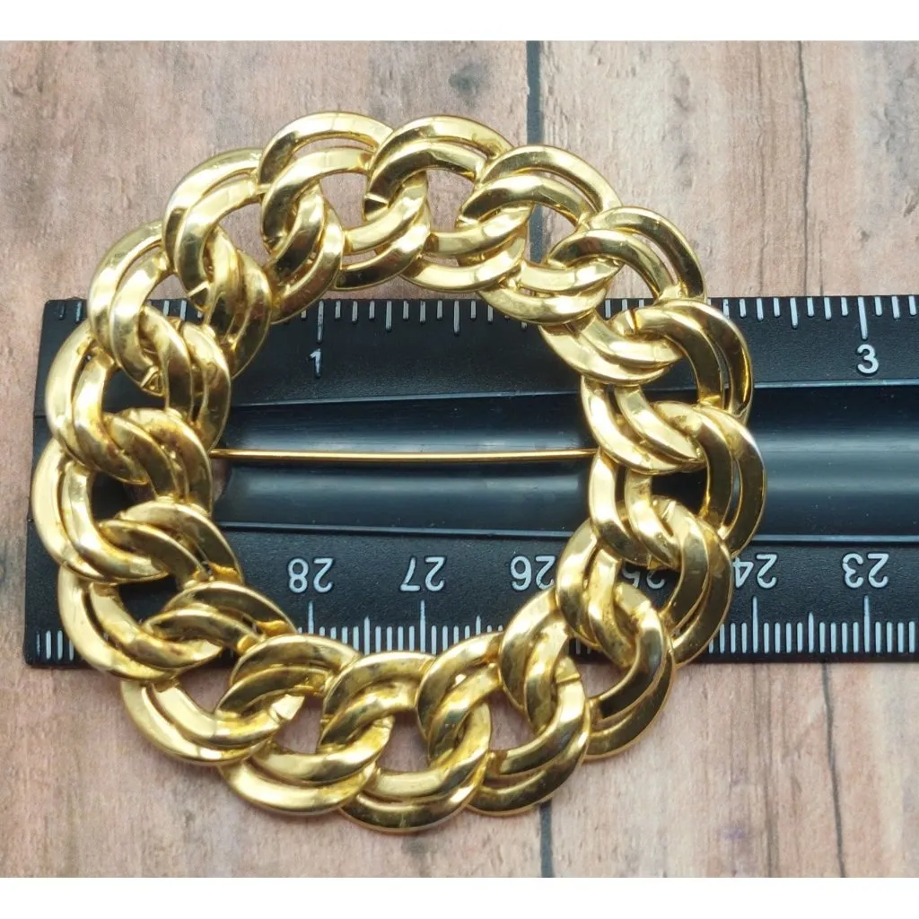 MONET Brooch 2.5" Round Double Chain Circle Gold Tone 80's Vintage Unisex - Image 4