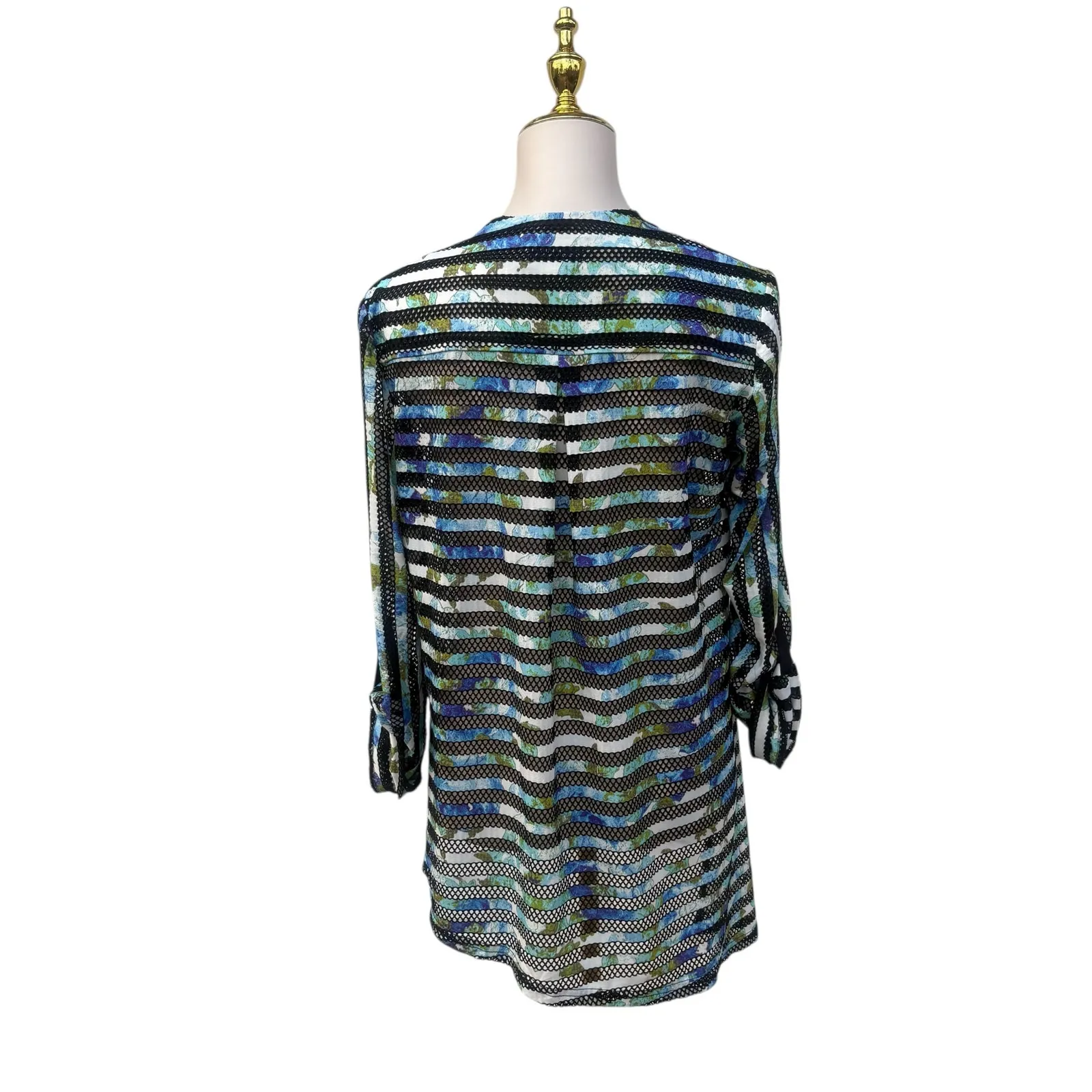 Joseph Ribkoff Shirt Sz 4 Black Blue Stripes Mesh 3/4 Sleeves Asymetrical Artsy - Image 4