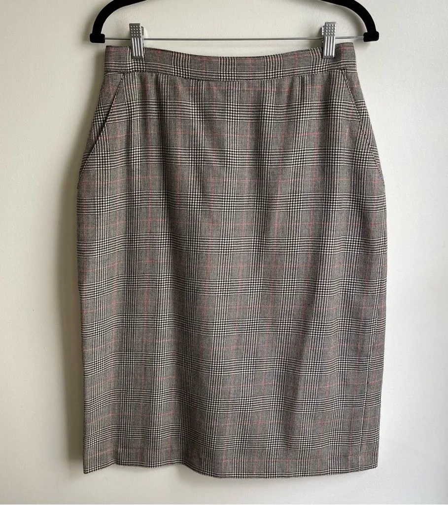 Vintage 80s Giorgio Sant’Angelo Wool Skirt Houndstooth Plaid Midi Pencil Size 12 Black - Image 1