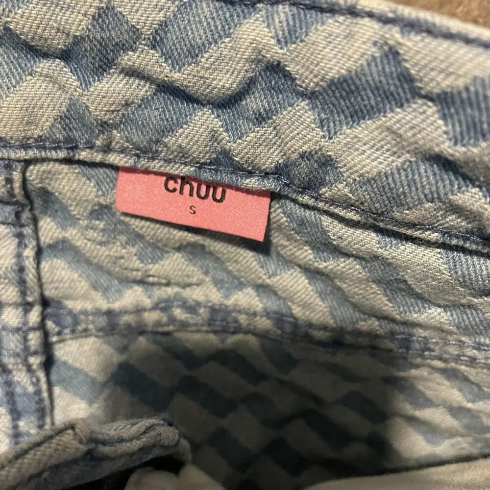 Chuu Skirt Womens Size Small Mini Denim Pleated Jean Light Wash Checkered Preppy Blue - Image 2