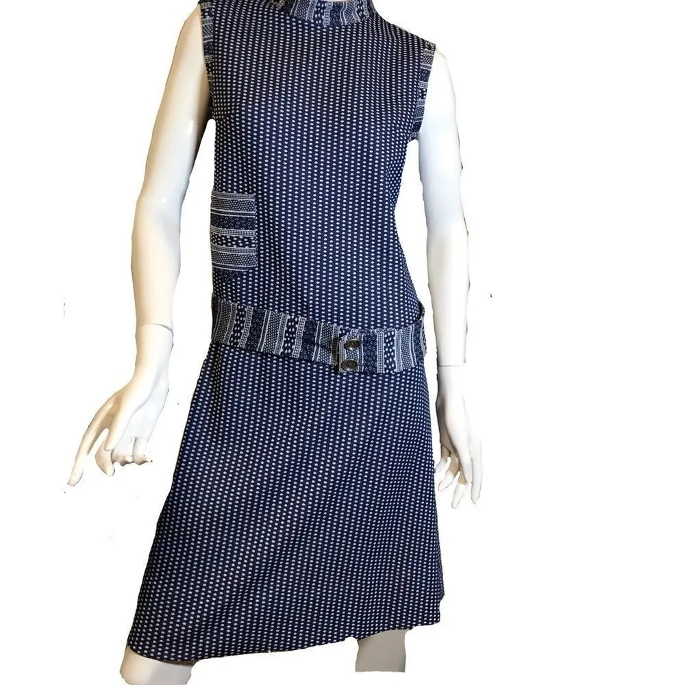 Vintage 1960s Vintage Flapper Drop Waist Geometric Polka Dotted Dress Navy Blue Size undefined - Image 8