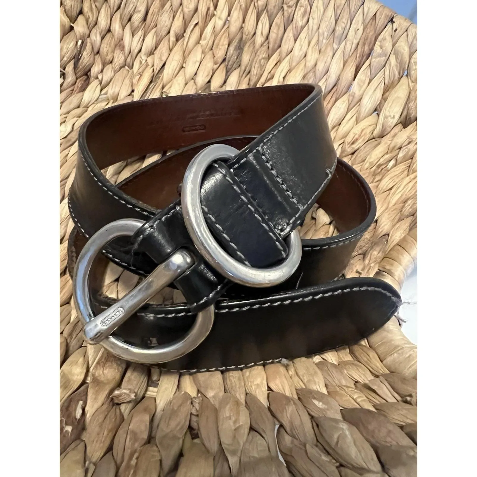 Vintage Coach  Black  Leather Belt,italy Solid Brass Buckle 3524 Small 38 1/4" - Image 2