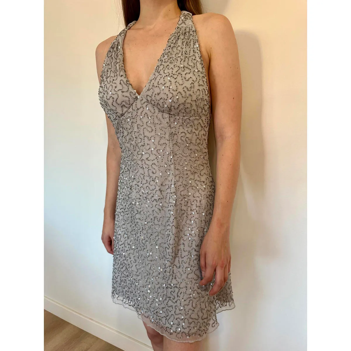 Silver Beaded Halter Y2K Party Formal Mini Dress Morgan & Co - Image 7