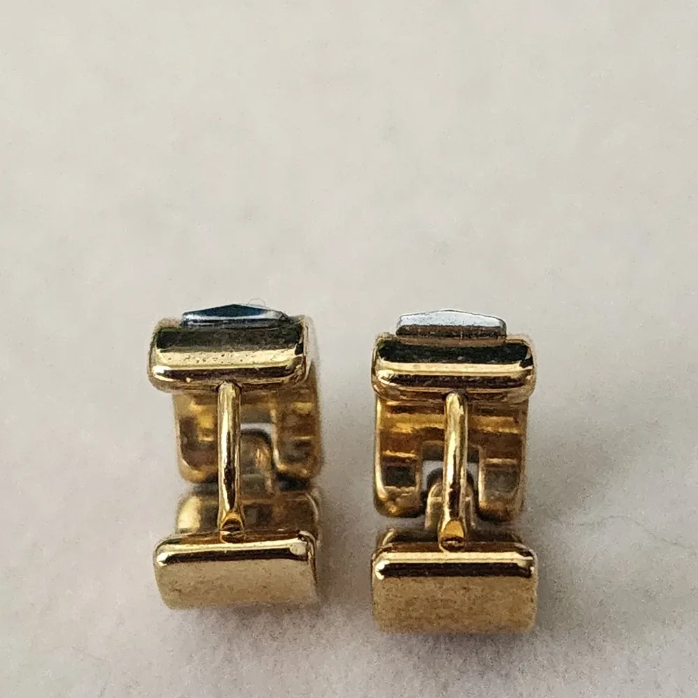 Gold with Turquoise Blue Crystal Huggie Cuff Hoop Earrings - Image 3