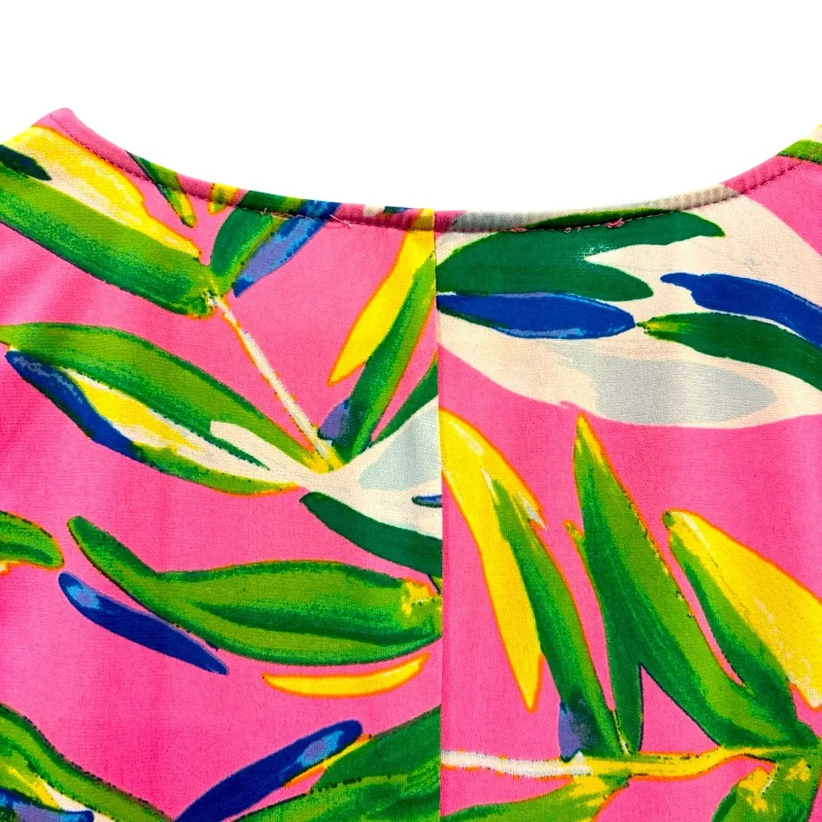 VTG Tropical leaf sleeveless shift dress, Pink, Green Blue mini, Size Med petite Pink - Image 3