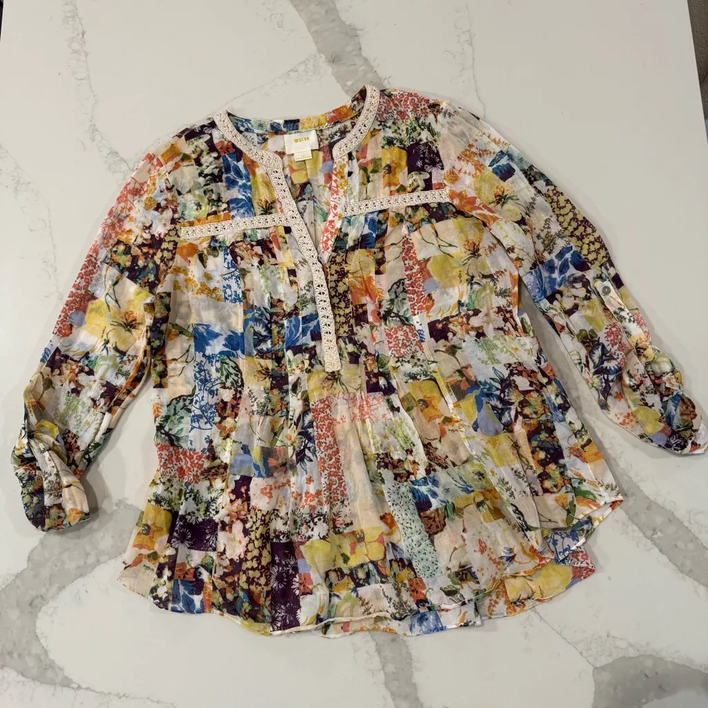Maeve x Anthropologie Abella Floral Patchwork PinTuck Popover Blouse Women’s 12 - Image 3
