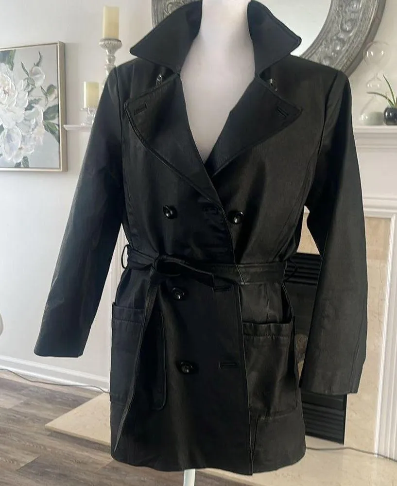 Amalfi Leather belted Jacket black trench Coat Size Medium 90’s Y2K matrix - Image 14
