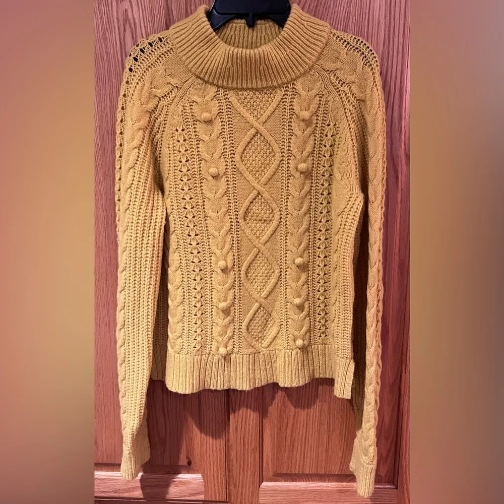 J.Crew Pom-Pom Cable Knit Mock Neck Lambs Wool Sweater Mustard Yellow Size Small - Image 3