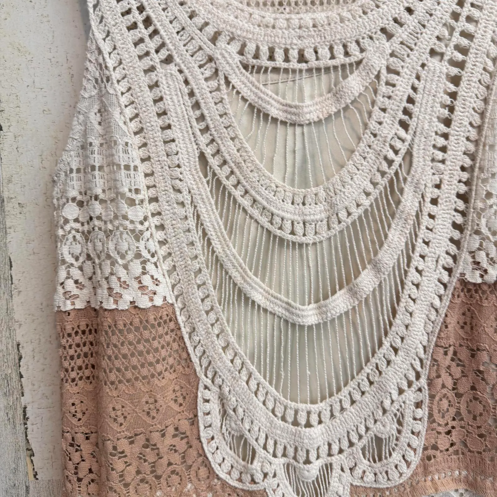 C. Luce Boho Crochet Lace Dress Small Ivory Taupe Colorblock Sleeveless Festival - Image 6