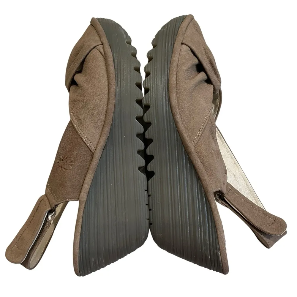 FLY London Yates Taupe Nubuck Wedge Sandal, Sz 39 - Image 7